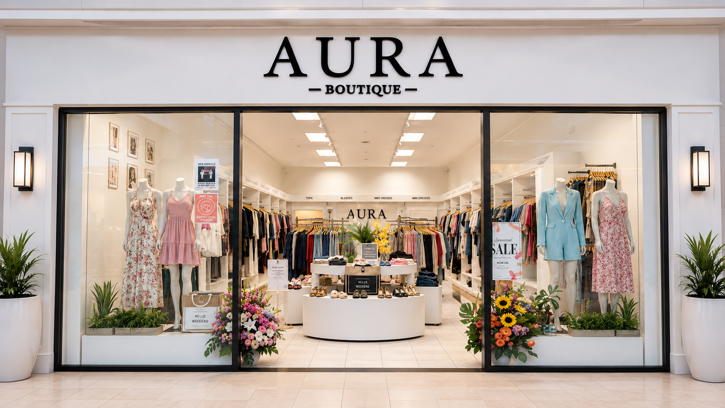 AURABoutique storefront with large glass windows, mannequins wearing dresses, clothing racks inside, and floral arrangements at the base of the windows. The sign above reads AURA BOUTIQUE.