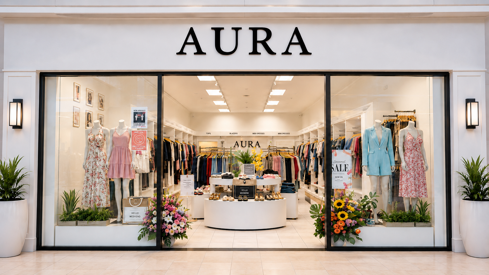 AURAS clothing boutique storefront with large glass windows, mannequins and racks of dresses inside, potted plants at the corners, and the brand name AURA displayed prominently above the entrance.