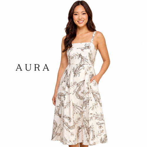 A woman modeling a sleeveless AURA midi dress with a beige and brown botanical print, set against a plain white background.