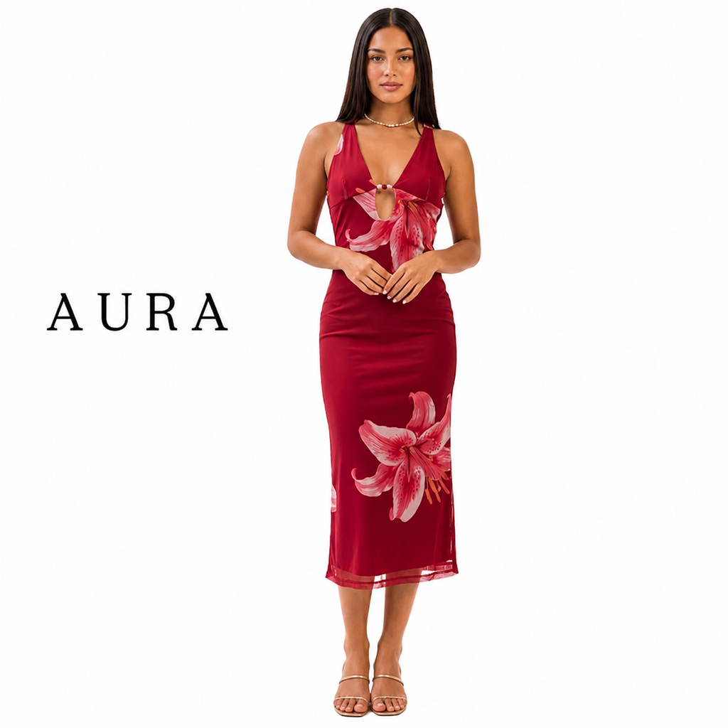 A woman modeling a sleeveless red midi dress with a floral print, featuring a halter-style neckline with a keyhole cutout and bow detail. The brand name 'AURA' is printed in black on the left side of the image, set against a plain white background.