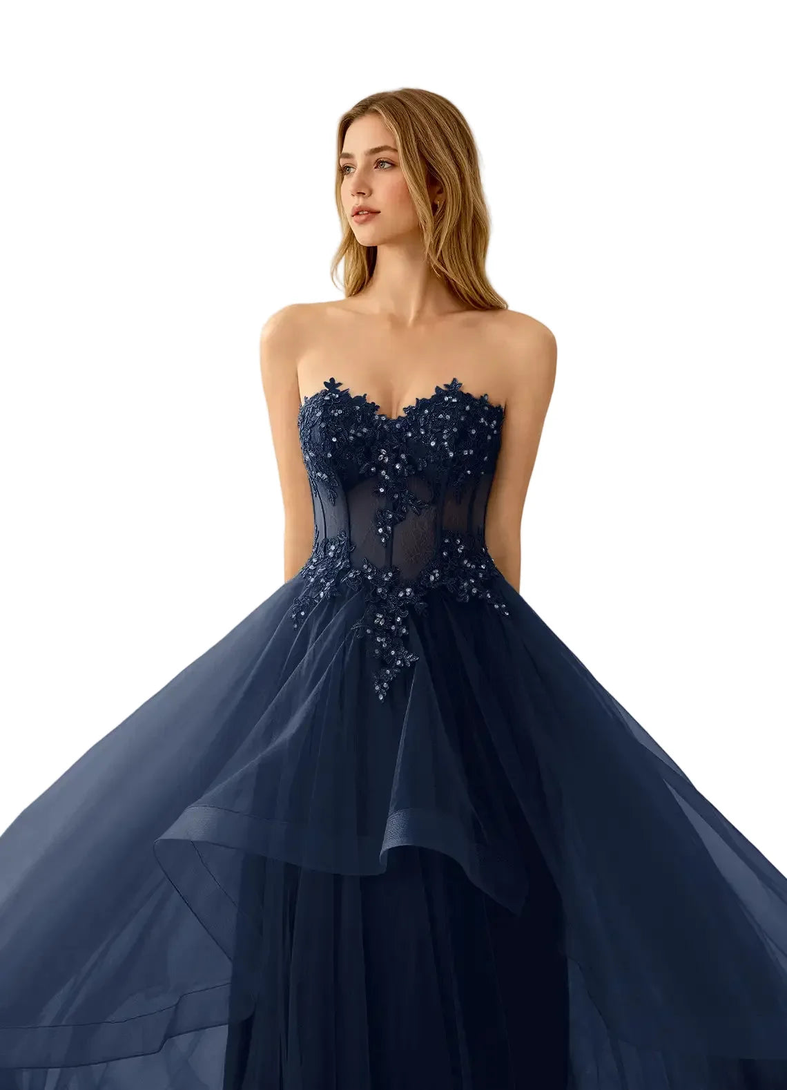 Navy blue strapless gown with intricate beadwork on a white background