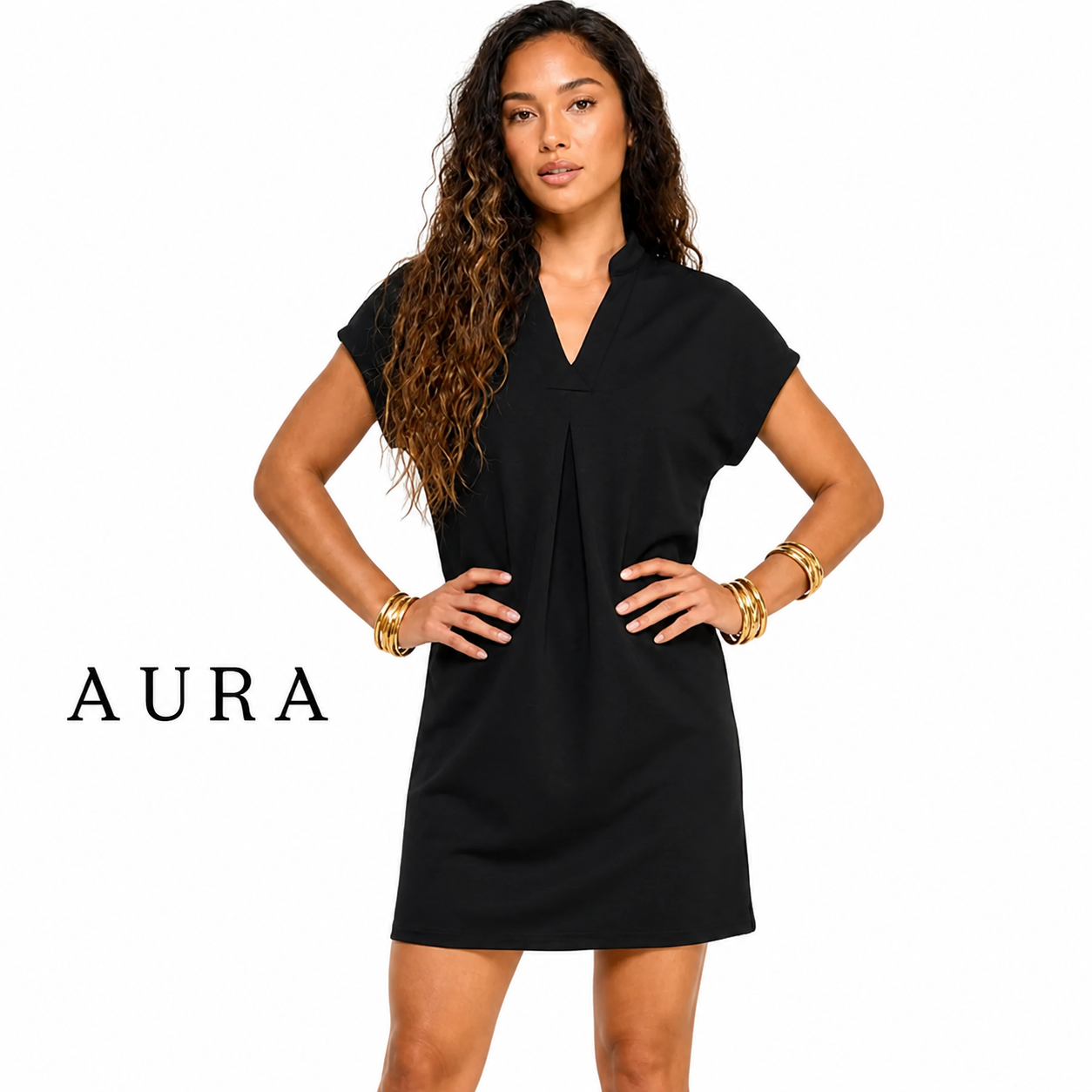 AURA Black V Neck Mini Dress With Short Sleeves