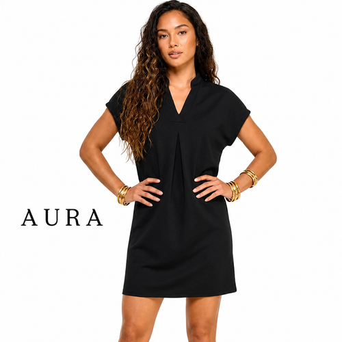 AURA Black V Neck Mini Dress With Short Sleeves