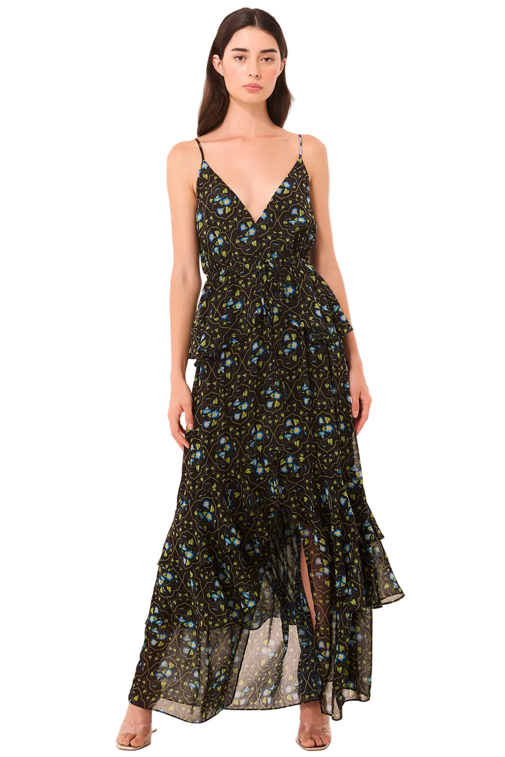 Woman wearing a floral dress on a beige background