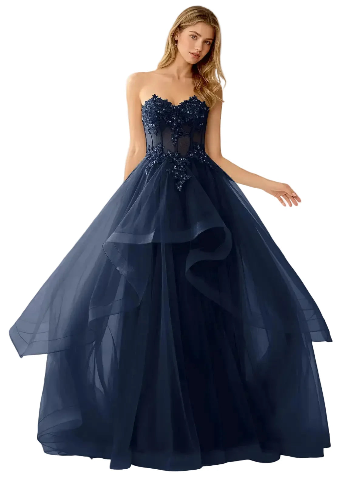 Navy Lace Corset Ruffle Tier Prom Dress