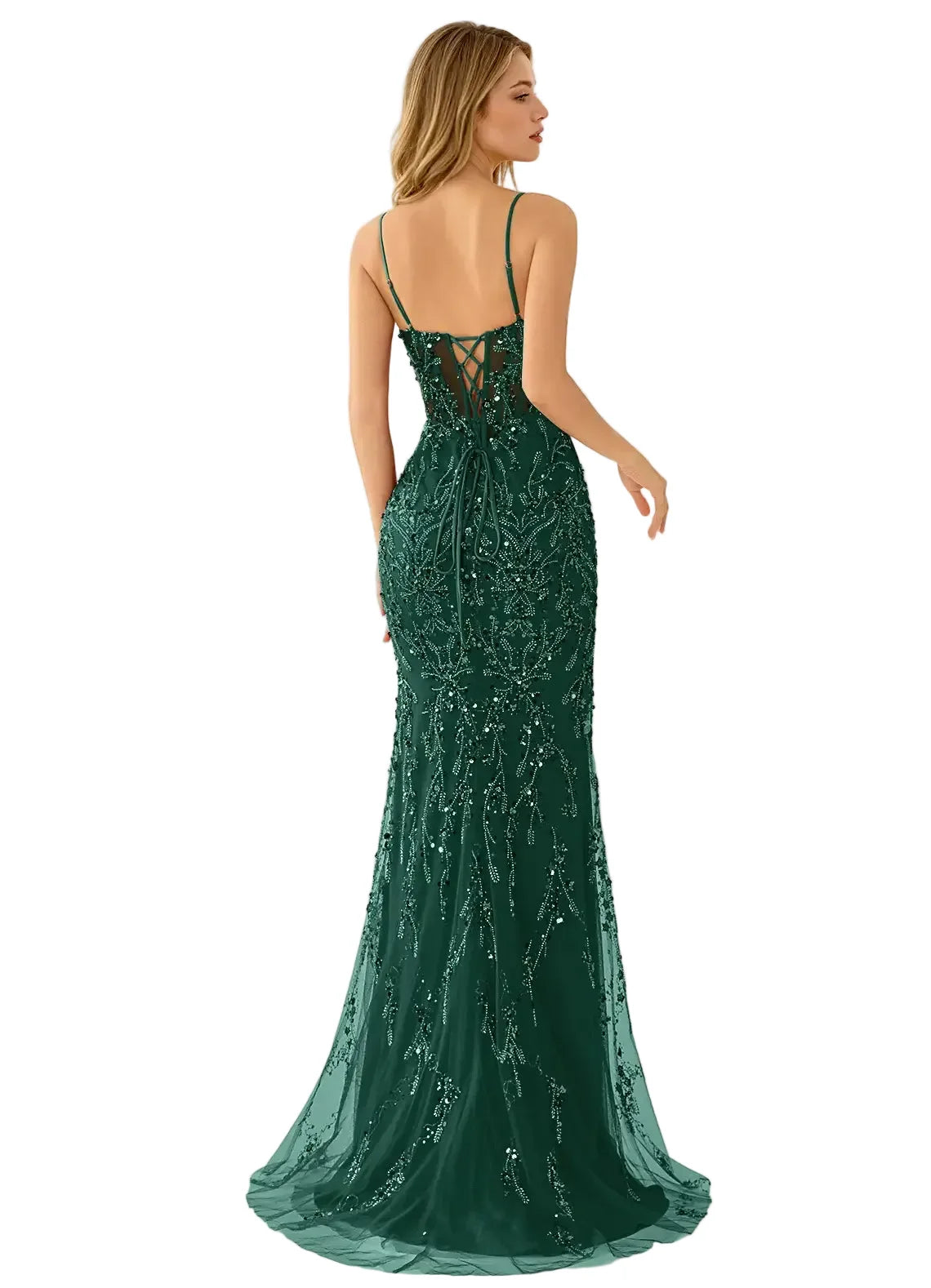 Green evening gown with open back on a white background