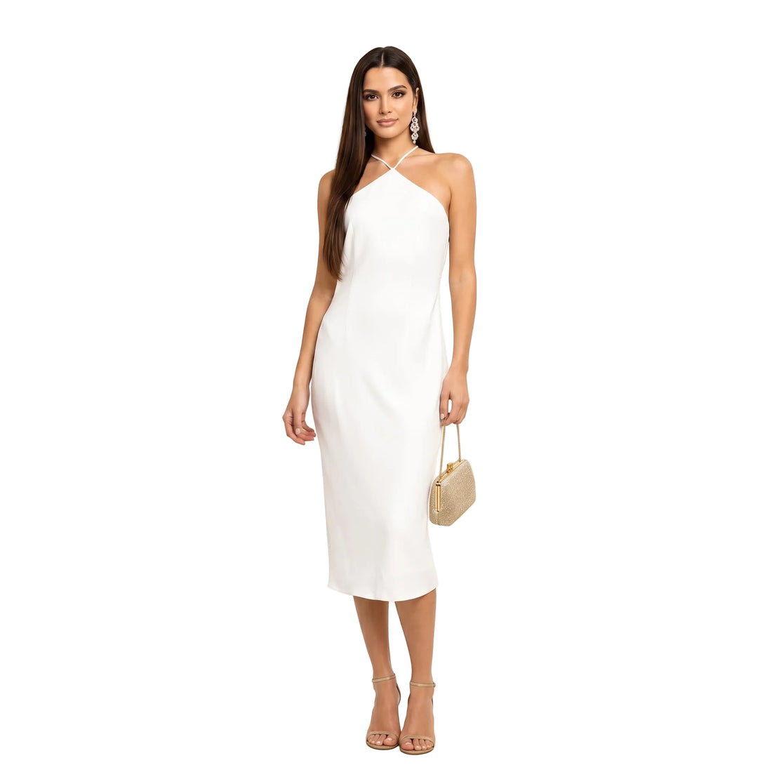 A woman modeling a white halter-neck midi dress with a side cutout, paired with nude high-heeled sandals and a small beige handbag, set against a solid light beige studio background.