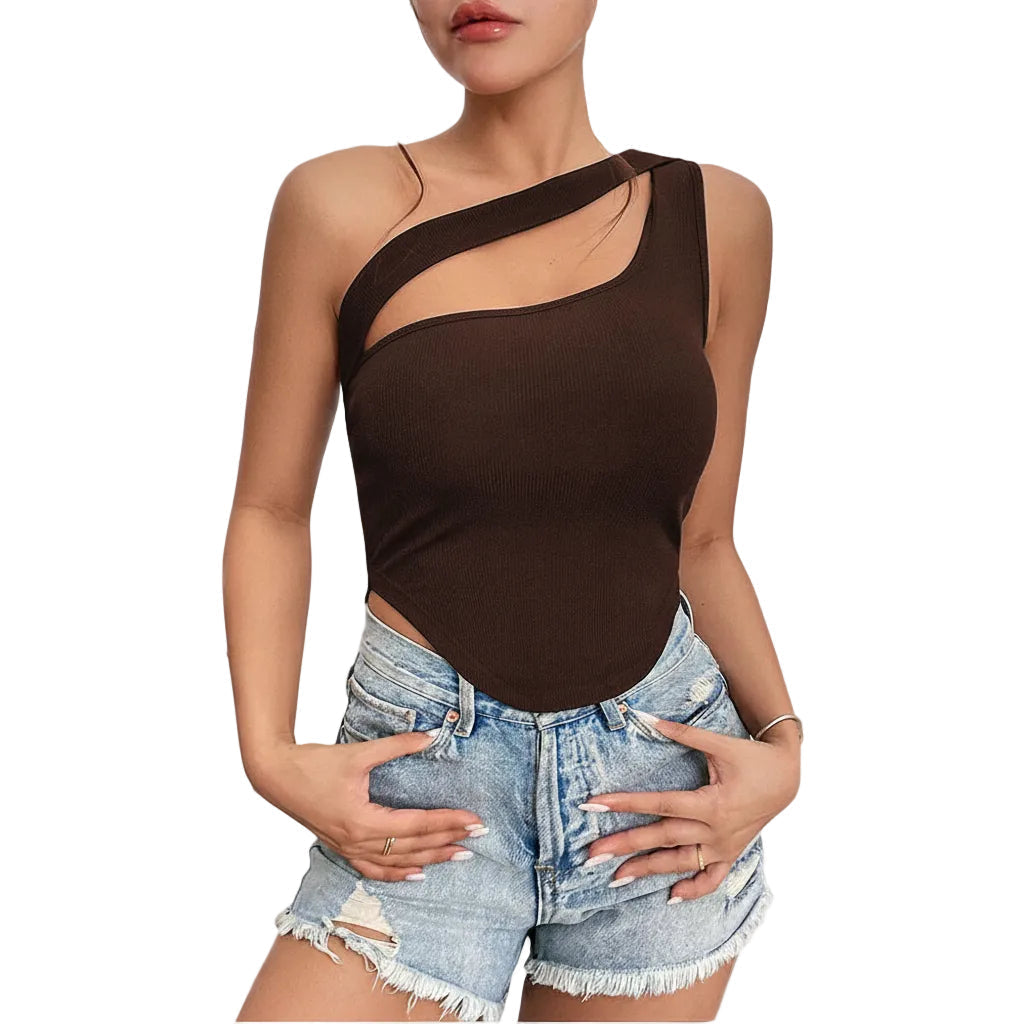 Side view of Black women's cutout front tank top