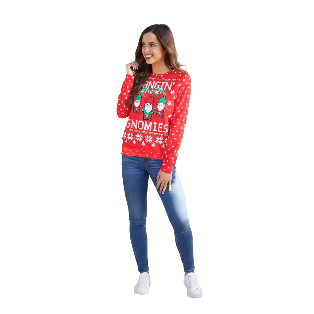 Women's Christmas print long sleeve casual sweater in Red front view