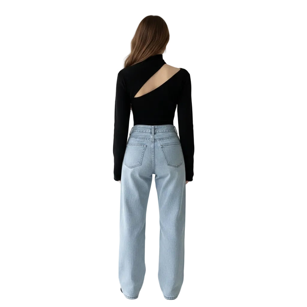 Women's hollow knit off shoulder pullover sweater in Black front view
