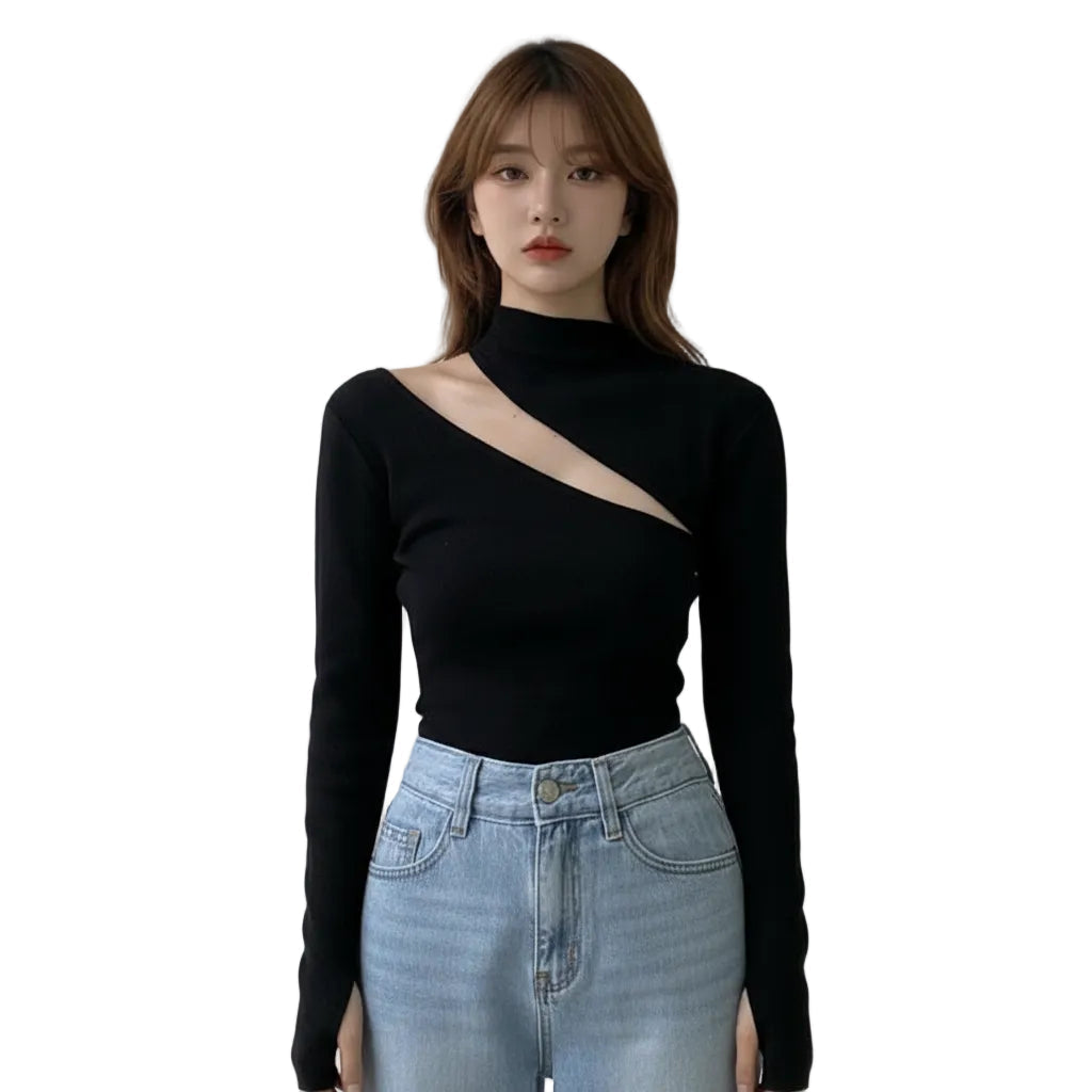 Women's hollow knit off shoulder pullover sweater in Black front view